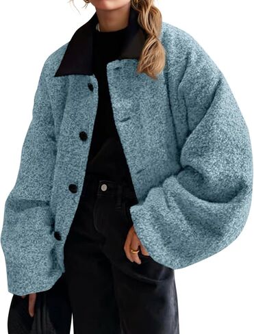 Cicy Bell Womens Oversized Fuzzy Fleece Jacket Button Down Patchwork Collar Sherpa Coats Fall Outerwear with Pockets in Saudi Arabia