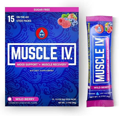 MUSCLE I.V.® دعم المزاج، التعافي، مكمل خفض الكورتيزول، فيتامين د3 ك2، جليسينات المغنيسيوم، إل-ثيانين، KSM-66® أشواغاندا، عبوات مسحوق الإلكتروليتات، خالي من السكر. 15 قيراط (التوت البري) in Kuwait