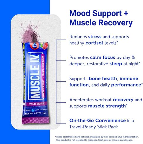 MUSCLE I.V.® دعم المزاج، التعافي، مكمل خفض الكورتيزول، فيتامين د3 ك2، جليسينات المغنيسيوم، إل-ثيانين، KSM-66® أشواغاندا، عبوات مسحوق الإلكتروليتات، خالي من السكر. 15 قيراط (التوت البري) in Kuwait