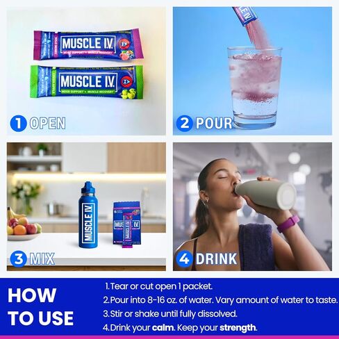 MUSCLE I.V.® دعم المزاج، التعافي، مكمل خفض الكورتيزول، فيتامين د3 ك2، جليسينات المغنيسيوم، إل-ثيانين، KSM-66® أشواغاندا، عبوات مسحوق الإلكتروليتات، خالي من السكر. 15 قيراط (التوت البري) in Kuwait