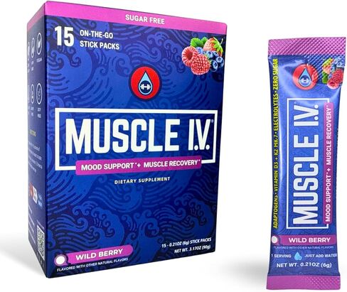 MUSCLE I.V.® دعم المزاج، التعافي، مكمل خفض الكورتيزول، فيتامين د3 ك2، جليسينات المغنيسيوم، إل-ثيانين، KSM-66® أشواغاندا، عبوات مسحوق الإلكتروليتات، خالي من السكر. 15 قيراط (التوت البري) in Kuwait