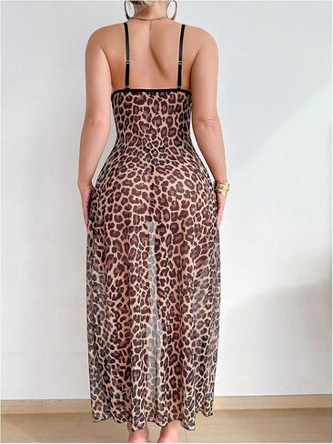 SHENHE Women's Leopard Print Front Closure Ruffle Hem Sheer Nightgown and G-String Thong Babydoll Lingerie Set in Saudi Arabia