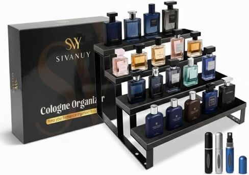 Cologne Stand for Men – 4 Tier Perfume Stand with Velvet Lined Wood & Matte Black Metal – Holds 20 Bottles, Includes 3 Travel Atomizers – Premium Perfume Shelf for Dresser & Gift for Men in Saudi Arabia