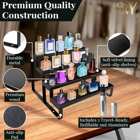Cologne Stand for Men – 4 Tier Perfume Stand with Velvet Lined Wood & Matte Black Metal – Holds 20 Bottles, Includes 3 Travel Atomizers – Premium Perfume Shelf for Dresser & Gift for Men in Saudi Arabia