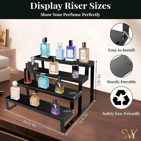 Cologne Stand for Men – 4 Tier Perfume Stand with Velvet Lined Wood & Matte Black Metal – Holds 20 Bottles, Includes 3 Travel Atomizers – Premium Perfume Shelf for Dresser & Gift for Men in Saudi Arabia