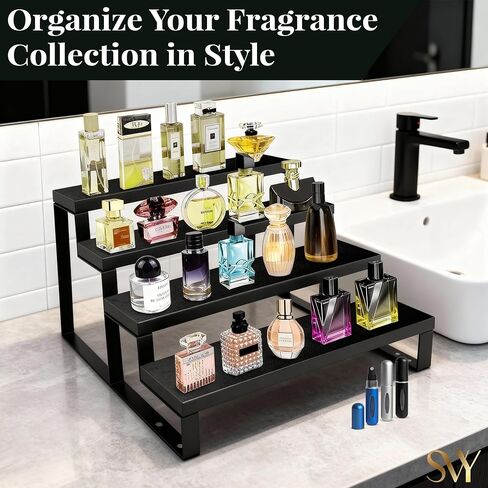 Cologne Stand for Men – 4 Tier Perfume Stand with Velvet Lined Wood & Matte Black Metal – Holds 20 Bottles, Includes 3 Travel Atomizers – Premium Perfume Shelf for Dresser & Gift for Men in Saudi Arabia