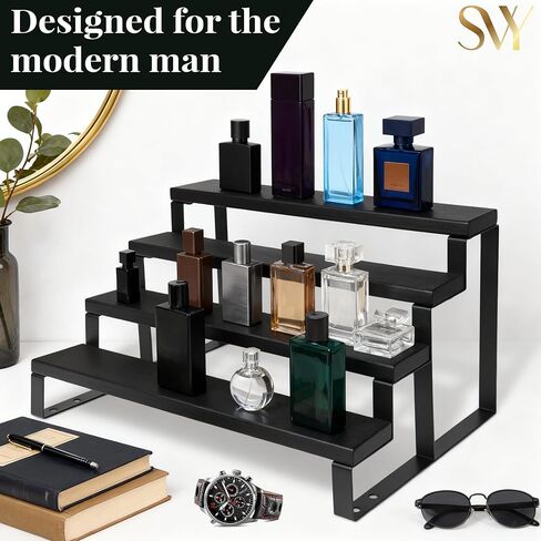 Cologne Stand for Men – 4 Tier Perfume Stand with Velvet Lined Wood & Matte Black Metal – Holds 20 Bottles, Includes 3 Travel Atomizers – Premium Perfume Shelf for Dresser & Gift for Men in Saudi Arabia