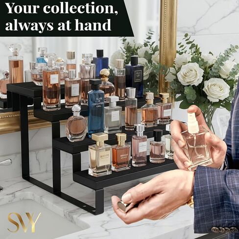 Cologne Stand for Men – 4 Tier Perfume Stand with Velvet Lined Wood & Matte Black Metal – Holds 20 Bottles, Includes 3 Travel Atomizers – Premium Perfume Shelf for Dresser & Gift for Men in Saudi Arabia