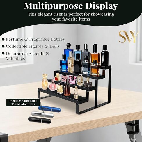 Cologne Stand for Men – 4 Tier Perfume Stand with Velvet Lined Wood & Matte Black Metal – Holds 20 Bottles, Includes 3 Travel Atomizers – Premium Perfume Shelf for Dresser & Gift for Men in Saudi Arabia