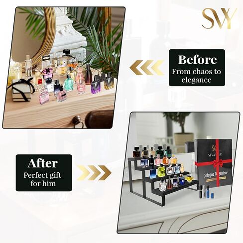 Cologne Stand for Men – 4 Tier Perfume Stand with Velvet Lined Wood & Matte Black Metal – Holds 20 Bottles, Includes 3 Travel Atomizers – Premium Perfume Shelf for Dresser & Gift for Men in Saudi Arabia