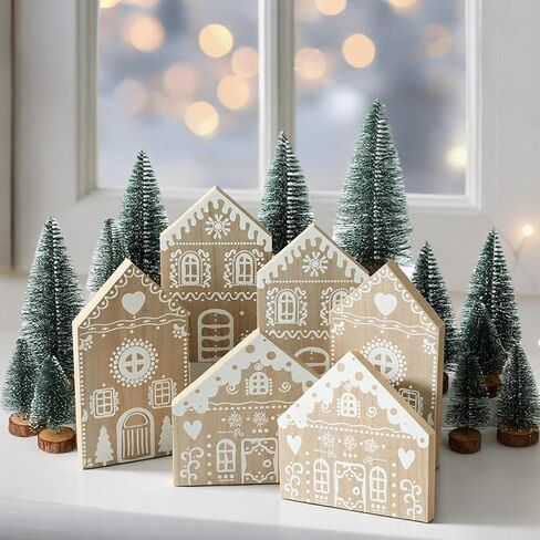 18 Pcs Christmas Village Decoration Set Include 6 Wooden Gingerbread House Sign and 12 Mini Christmas Tree for Mantel Block Farmhouse Tabletop Holiday Xmas Home Room Decor Ornaments in Saudi Arabia