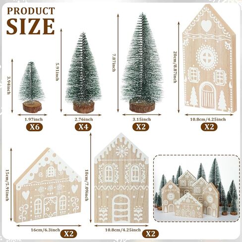 18 Pcs Christmas Village Decoration Set Include 6 Wooden Gingerbread House Sign and 12 Mini Christmas Tree for Mantel Block Farmhouse Tabletop Holiday Xmas Home Room Decor Ornaments in Saudi Arabia