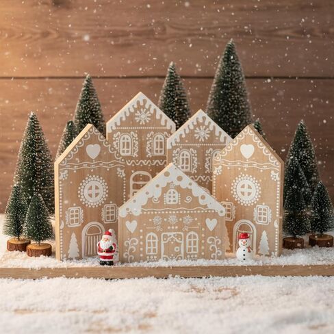 18 Pcs Christmas Village Decoration Set Include 6 Wooden Gingerbread House Sign and 12 Mini Christmas Tree for Mantel Block Farmhouse Tabletop Holiday Xmas Home Room Decor Ornaments in Saudi Arabia