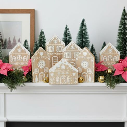 18 Pcs Christmas Village Decoration Set Include 6 Wooden Gingerbread House Sign and 12 Mini Christmas Tree for Mantel Block Farmhouse Tabletop Holiday Xmas Home Room Decor Ornaments in Saudi Arabia