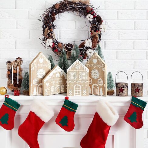 18 Pcs Christmas Village Decoration Set Include 6 Wooden Gingerbread House Sign and 12 Mini Christmas Tree for Mantel Block Farmhouse Tabletop Holiday Xmas Home Room Decor Ornaments in Saudi Arabia