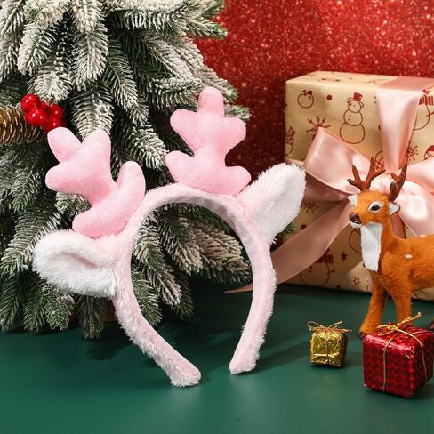 Zeyune Pink Reindeer Antlers Pink Christmas Headbands for Women Fluffy Reindeer Ears Party Cosplay Costume Accessories in Saudi Arabia