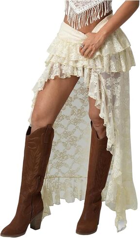 Shenhe Western's Western Y2K Lace Maxi Skirt Tiered Shulk High in Kuwait