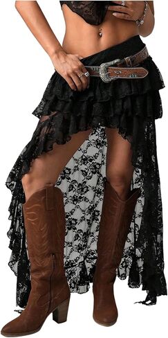 Shenhe Western's Western Y2K Lace Maxi Skirt Tiered Shulk High in Kuwait