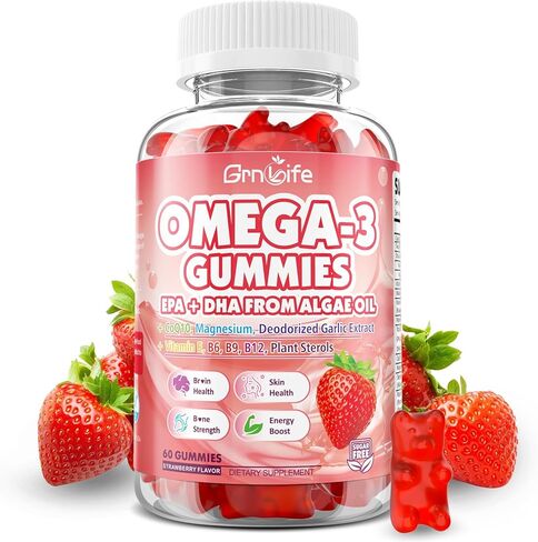 Vegan Omega 3 Gummies 1000mg + CoQ10 + Magnesium - w/Algae EPA 600mg & DHA 400mg, Fish Oil Omega-3 Supplements Alternative for Adults, for Brain, Eye, Immune Health, Strawberry Flavor, 60 Count in Saudi Arabia