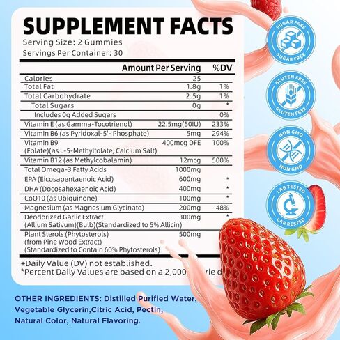 Vegan Omega 3 Gummies 1000mg + CoQ10 + Magnesium - w/Algae EPA 600mg & DHA 400mg, Fish Oil Omega-3 Supplements Alternative for Adults, for Brain, Eye, Immune Health, Strawberry Flavor, 60 Count in Saudi Arabia