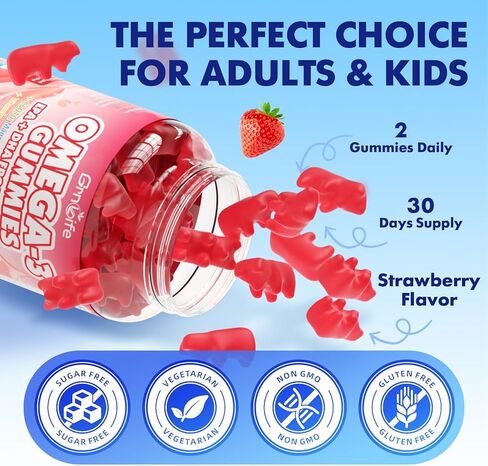 Vegan Omega 3 Gummies 1000mg + CoQ10 + Magnesium - w/Algae EPA 600mg & DHA 400mg, Fish Oil Omega-3 Supplements Alternative for Adults, for Brain, Eye, Immune Health, Strawberry Flavor, 60 Count in Saudi Arabia