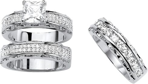 مجموعة خواتم الزفاف من PalmBeach Silvertone Princess Cut المكعبة من الزركونيا بمقاسات 6-10 in Saudi Arabia