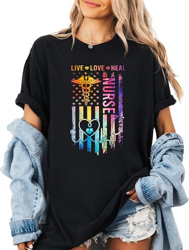 Heavyweight Garment-Dyed Nursing Shirts Vintage American Flag US Stethoscope Heartbeat Live Love Heal Nurses T-Shirt Nurse Gifts Tee for Women Nurse Life in Saudi Arabia