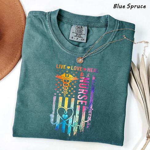Heavyweight Garment-Dyed Nursing Shirts Vintage American Flag US Stethoscope Heartbeat Live Love Heal Nurses T-Shirt Nurse Gifts Tee for Women Nurse Life in Saudi Arabia