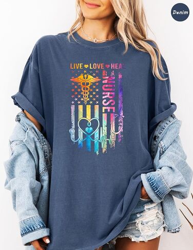 Heavyweight Garment-Dyed Nursing Shirts Vintage American Flag US Stethoscope Heartbeat Live Love Heal Nurses T-Shirt Nurse Gifts Tee for Women Nurse Life in Saudi Arabia