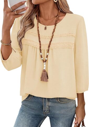 Ivicoer 3/4 Length Sleeve Womens Tops Crewneck Dressy Casual Chiffon Blouses Flowy Lace Hem Boho Clothing Trendy 2026 in Saudi Arabia