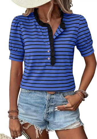 BLENCOT Summer T Shirt for Women Casual Puff Sleeve Button Down Ruffle Collar Striped Knit Blouse Tops in Saudi Arabia