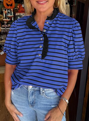 BLENCOT Summer T Shirt for Women Casual Puff Sleeve Button Down Ruffle Collar Striped Knit Blouse Tops in Saudi Arabia