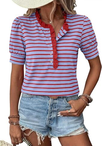 BLENCOT Summer T Shirt for Women Casual Puff Sleeve Button Down Ruffle Collar Striped Knit Blouse Tops in Saudi Arabia