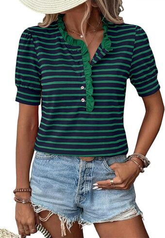 BLENCOT Summer T Shirt for Women Casual Puff Sleeve Button Down Ruffle Collar Striped Knit Blouse Tops in Saudi Arabia