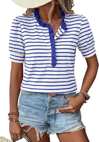 BLENCOT Summer T Shirt for Women Casual Puff Sleeve Button Down Ruffle Collar Striped Knit Blouse Tops in Saudi Arabia