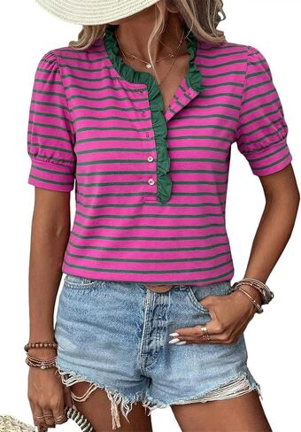 BLENCOT Summer T Shirt for Women Casual Puff Sleeve Button Down Ruffle Collar Striped Knit Blouse Tops in Saudi Arabia