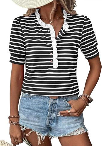 BLENCOT Summer T Shirt for Women Casual Puff Sleeve Button Down Ruffle Collar Striped Knit Blouse Tops in Saudi Arabia