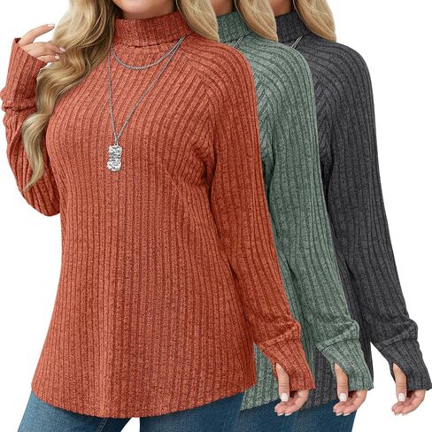 Ficerd 3 Pack Women's Plus Size Turtleneck Sweater Sweater Sweater Sweater ، قمصان مضلعة ذات الأكمام الطويلة. in Saudi Arabia