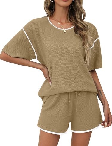 Ekouaer Womens Two Piece Outfits Casual Short Sleeve Knit Sweater Tops Matching Pj Shorts Tracksuit Lounge Sets Pink in Saudi Arabia