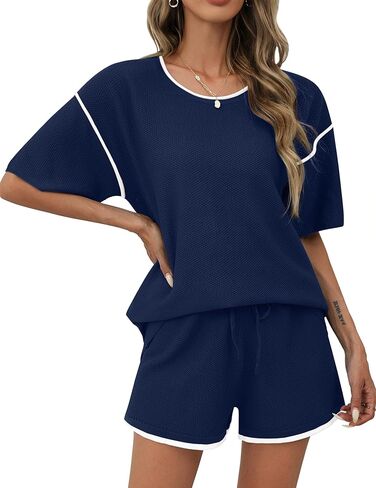 Ekouaer Womens Two Piece Outfits Casual Short Sleeve Knit Sweater Tops Matching Pj Shorts Tracksuit Lounge Sets Pink in Saudi Arabia
