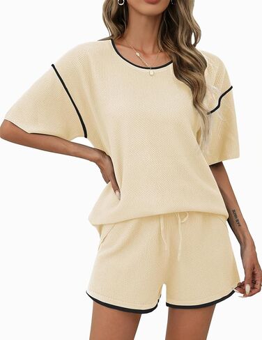 Ekouaer Womens Two Piece Outfits Casual Short Sleeve Knit Sweater Tops Matching Pj Shorts Tracksuit Lounge Sets Pink in Saudi Arabia