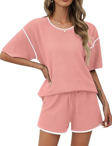 Ekouaer Womens Two Piece Outfits Casual Short Sleeve Knit Sweater Tops Matching Pj Shorts Tracksuit Lounge Sets Pink in Saudi Arabia