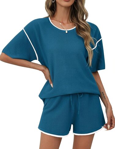 Ekouaer Womens Two Piece Outfits Casual Short Sleeve Knit Sweater Tops Matching Pj Shorts Tracksuit Lounge Sets Pink in Saudi Arabia