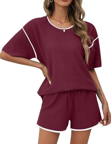 Ekouaer Womens Two Piece Outfits Casual Short Sleeve Knit Sweater Tops Matching Pj Shorts Tracksuit Lounge Sets Pink in Saudi Arabia