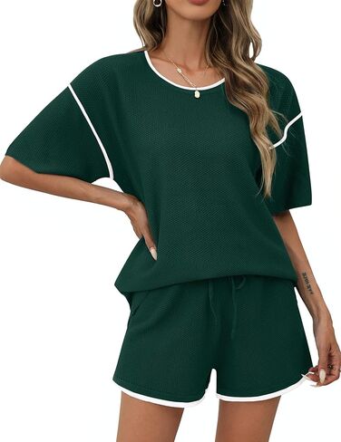 Ekouaer Womens Two Piece Outfits Casual Short Sleeve Knit Sweater Tops Matching Pj Shorts Tracksuit Lounge Sets Pink in Saudi Arabia
