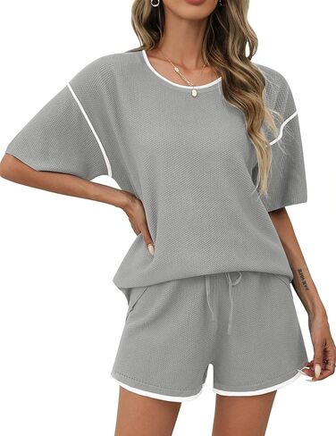 Ekouaer Womens Two Piece Outfits Casual Short Sleeve Knit Sweater Tops Matching Pj Shorts Tracksuit Lounge Sets Pink in Saudi Arabia
