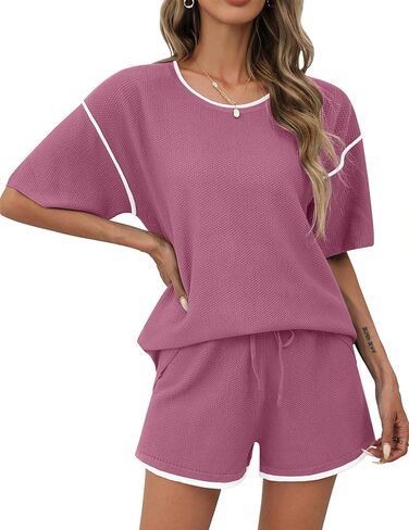 Ekouaer Womens Two Piece Outfits Casual Short Sleeve Knit Sweater Tops Matching Pj Shorts Tracksuit Lounge Sets Pink in Saudi Arabia