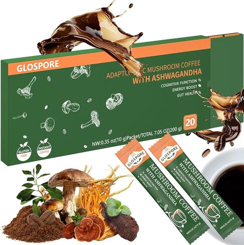 Instant Mushroom Coffee with Collagen - Adaptogenic 6 Functional Mushrooms Powder Featuring Lion’s Mane, Cordyceps, Reishi, Chaga for Better Energy, Focus & Digestion, 20 On-The-Go Packets in Saudi Arabia