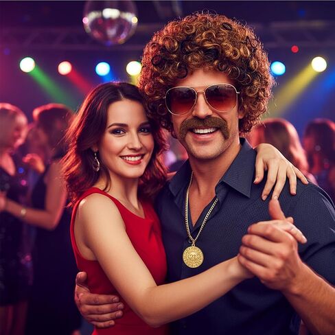 مجموعة أزياء ديسكو مكونة من 5 قطع مع باروكات ديسكو من السبعينيات والثمانينيات ونظارات وشارب وقلادة سلسلة وقبعة شعر مستعار، شعر مستعار أفريقي قصير مجعد لحفلات الرقص الرجعية، الهالوين (بني مختلط أشقر) in Kuwait