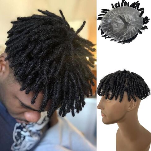 Afro Braids Toupee For Black Men All PU Afro Kinky Twist Crochet Braids Human Hair Afro Toupee for Black Men Hair Piece Mens Wig (6MM-#1 Jet Black, 8''X10'') in Saudi Arabia
